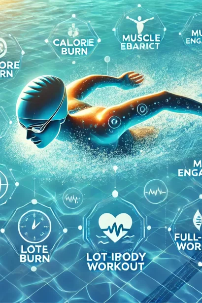 An energetic depiction of a swimmer in clear blue water with visual elements emphasizing fitness benefits like calorie burn, muscle engagement, and spinal health.