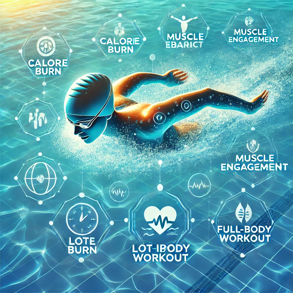 An energetic depiction of a swimmer in clear blue water with visual elements emphasizing fitness benefits like calorie burn, muscle engagement, and spinal health.