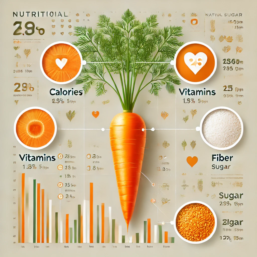 An infographic-style image displaying a carrot's nutritional breakdown, highlighting its vitamins, fiber, and calories.