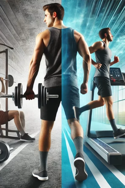 Split image showing a person lifting weights on one side and running on a treadmill on the other, symbolizing the balance between strength training and cardio.