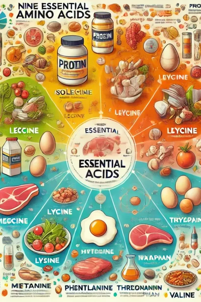 an infographic-style image highlighting the nine essential amino acids and their dietary sources. Let me know if you need additional visuals for specific sections of the article!