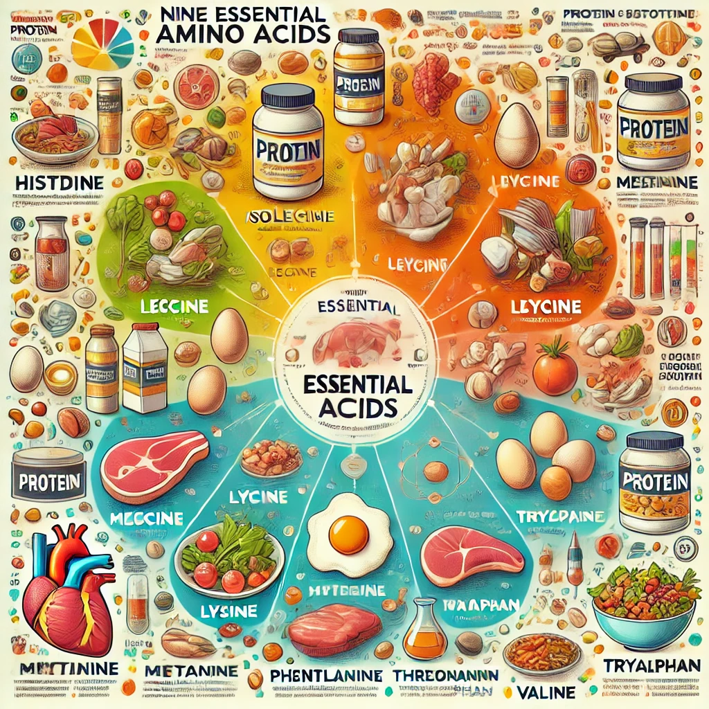 an infographic-style image highlighting the nine essential amino acids and their dietary sources. Let me know if you need additional visuals for specific sections of the article!