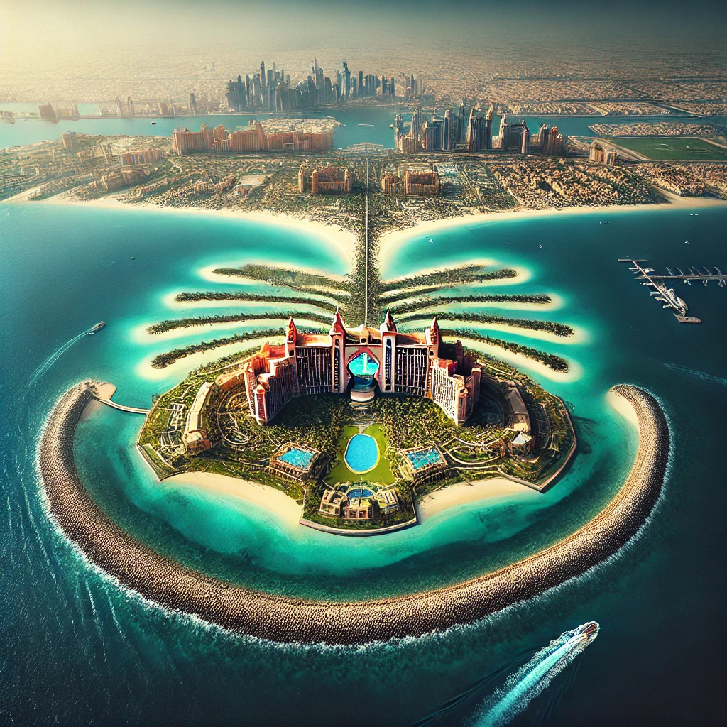 Here is an aerial view of Palm Jumeirah, showcasing the iconic man-made island, luxury resorts like Atlantis The Palm, and the beautiful coastline.







