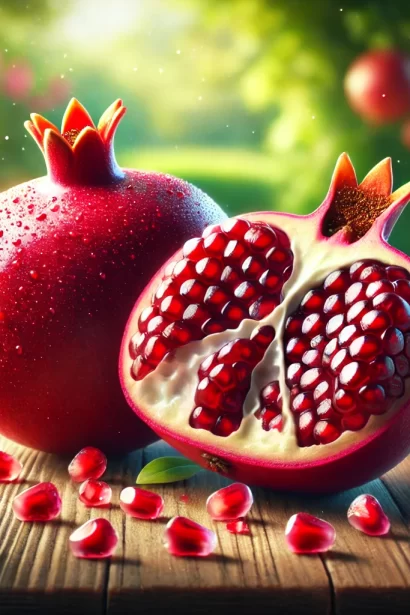 A vibrant still-life composition featuring a whole pomegranate, one cut open to reveal its juicy, ruby-red arils, and scattered seeds on a wooden tabl