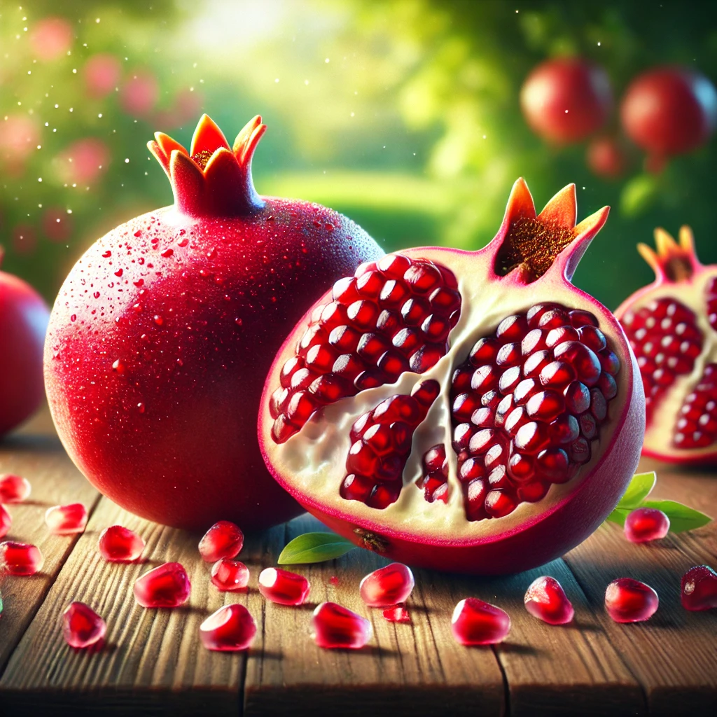 A vibrant still-life composition featuring a whole pomegranate, one cut open to reveal its juicy, ruby-red arils, and scattered seeds on a wooden tabl