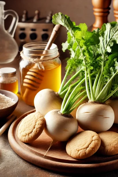 Here is an image featuring turnips in a rustic kitchen setting, complete with greens, honey, turnip juice, and baking ingredients, alongside a plate of freshly baked turnip cookies. Let me know if you need further refinements or additional visuals!