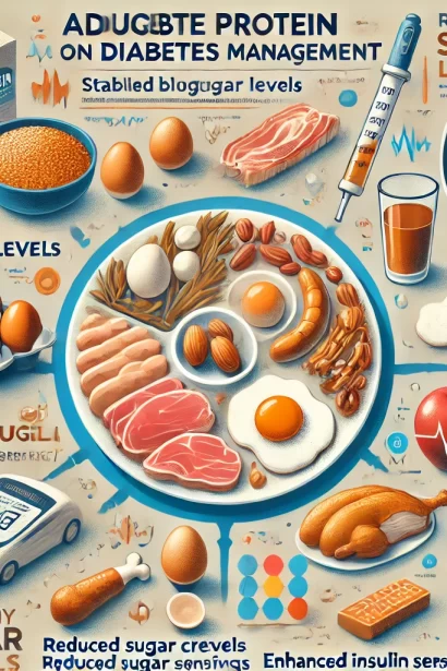 illustrating the effects of adequate protein intake on diabetes management, highlighting its role in stabilizing blood sugar, reducing sugar cravings, and improving insulin sensitivity. Let me know if you need any modifications!