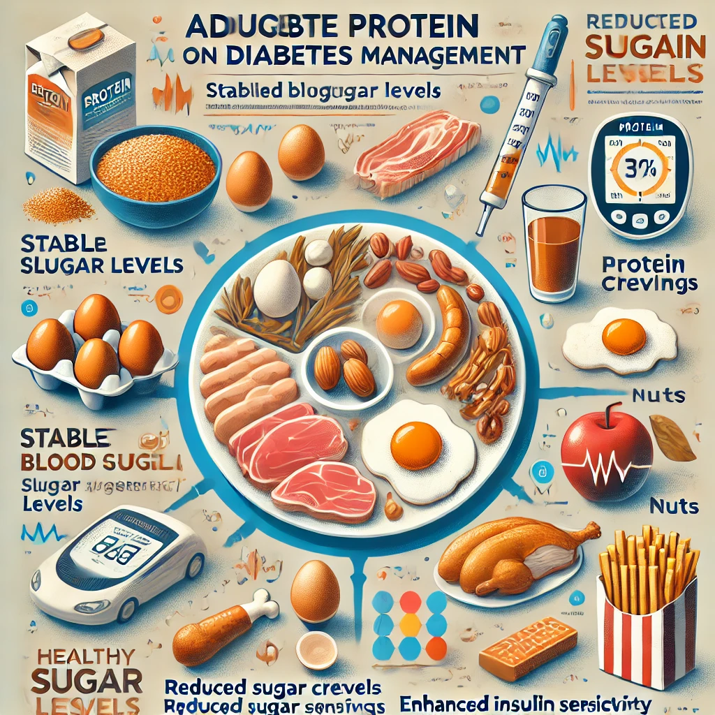 illustrating the effects of adequate protein intake on diabetes management, highlighting its role in stabilizing blood sugar, reducing sugar cravings, and improving insulin sensitivity. Let me know if you need any modifications!