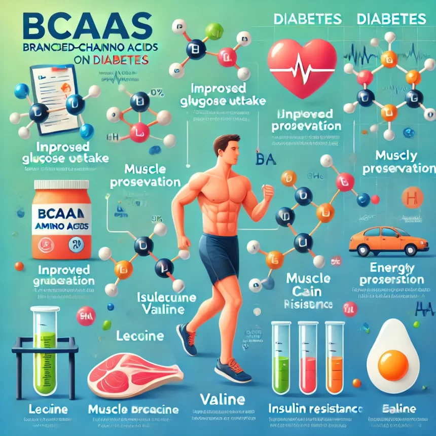 an infographic that highlights the relationship between BCAAs and diabetes, showcasing benefits, risks, and practical use. Let me know if you need further customizations!