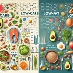 A visually engaging infographic comparing low-carb and low-fat diets. The left side represents a low-carb diet with foods like avocados, eggs, salmon,