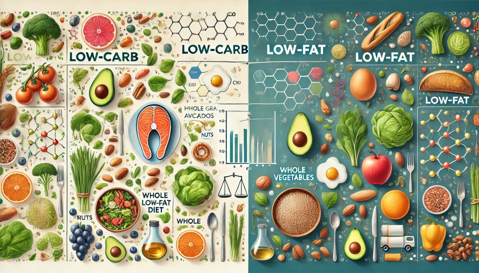 A visually engaging infographic comparing low-carb and low-fat diets. The left side represents a low-carb diet with foods like avocados, eggs, salmon,