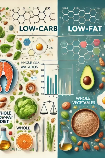 A visually engaging infographic comparing low-carb and low-fat diets. The left side represents a low-carb diet with foods like avocados, eggs, salmon,